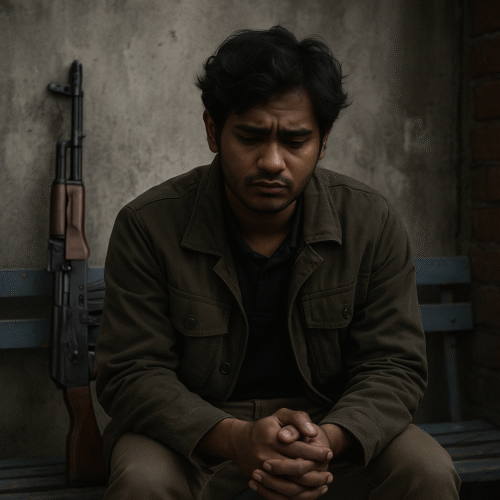 Distressed young South Asian man in military-style clothing sitting against a cracked wall, head in hand, symbolizing the coercion of Indian citizens into foreign conflict