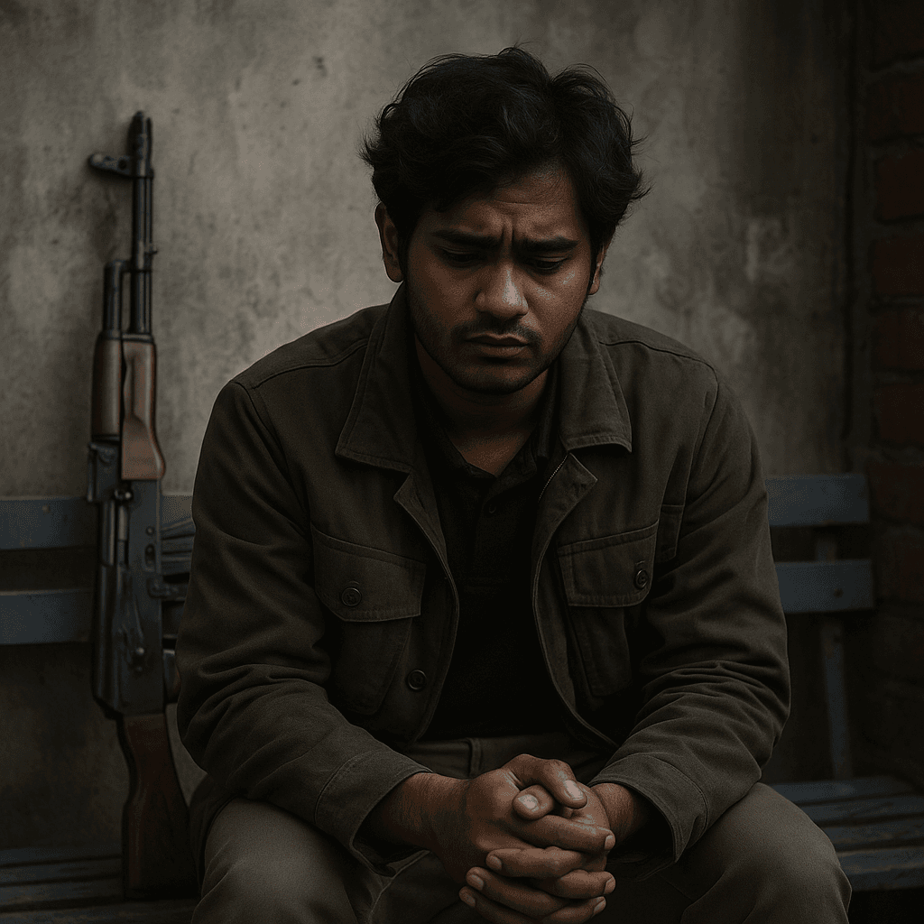 Distressed young South Asian man in military-style clothing sitting against a cracked wall, head in hand, symbolizing the coercion of Indian citizens into foreign conflict