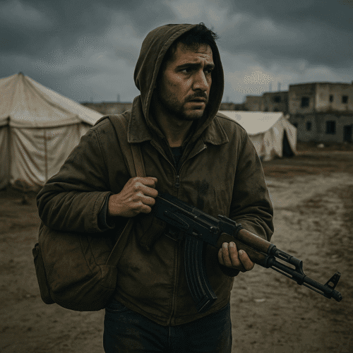 Middle Eastern man in a refugee camp holding a duffel bag and rifle, wearing a hooded jacket and looking anxiously toward the distance, symbolizing coerced recruitment from displaced communities.