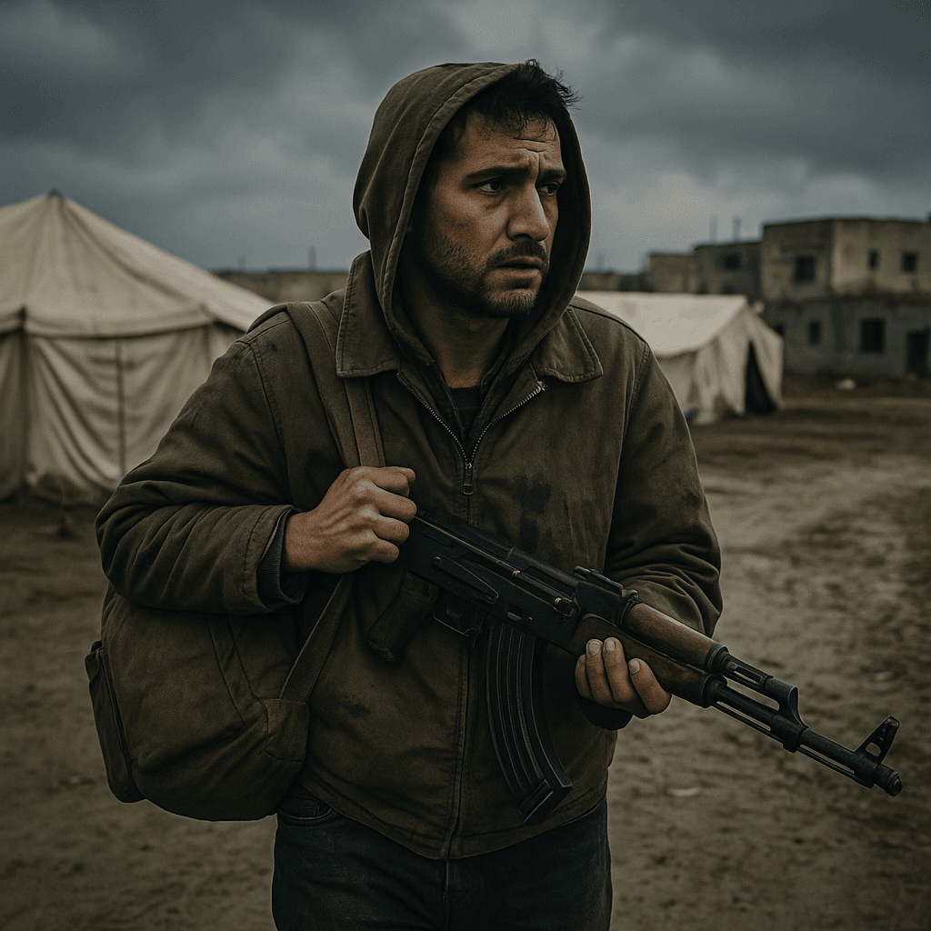 Middle Eastern man in a refugee camp holding a duffel bag and rifle, wearing a hooded jacket and looking anxiously toward the distance, symbolizing coerced recruitment from displaced communities.