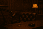 A warmly lit podcast studio with dark mahogany paneling and a leather armchair. A wooden table holds a professional microphone on a boom arm, a glass of whiskey, and a lit cigar resting in an ashtray. A soft-glow lamp and bookshelf are in the background.