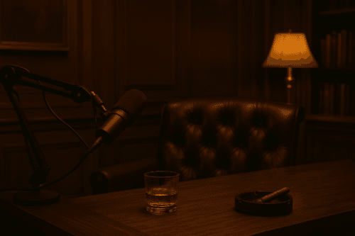 A warmly lit podcast studio with dark mahogany paneling and a leather armchair. A wooden table holds a professional microphone on a boom arm, a glass of whiskey, and a lit cigar resting in an ashtray. A soft-glow lamp and bookshelf are in the background.