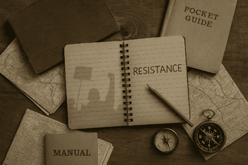 Sepia-toned photograph of vintage manuals, maps, and a compass arranged on a wooden table, with an open notebook labeled 'Resistance,' symbolizing guidance and study in resistance movements.