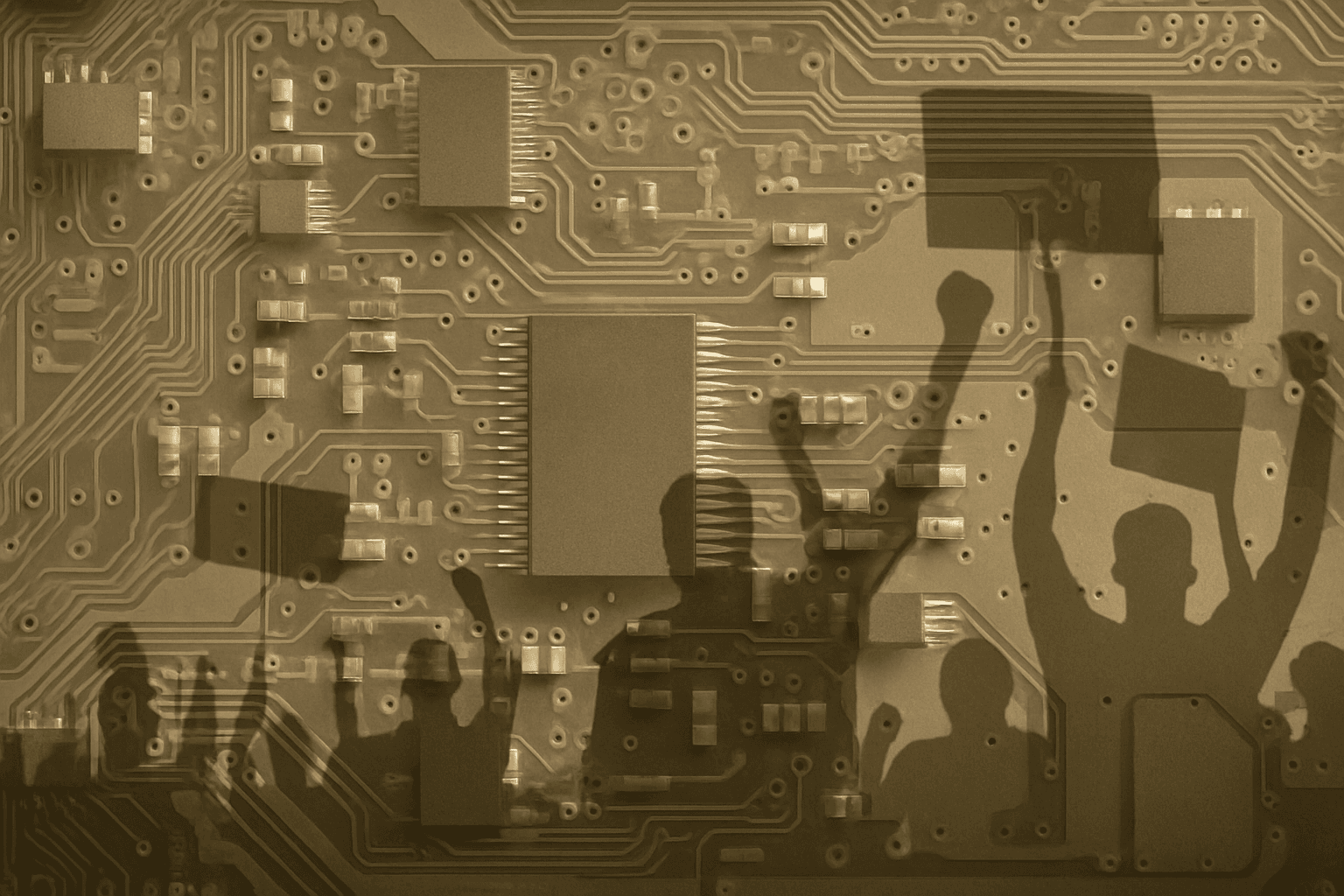Sepia-toned digital composite of a computer circuit board with faint silhouettes of protesters holding signs overlaid, symbolizing the intersection of cyber networks and resistance movements.