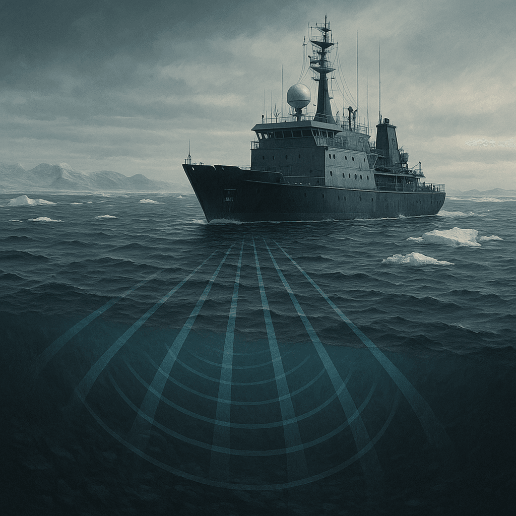 A Russian research ship sails through Arctic waters, projecting clear sonar beams into the deep ocean as ice floes drift nearby under a cloudy sky.