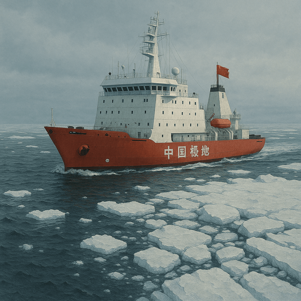 A Chinese icebreaker with a red hull and white superstructure breaks through Arctic ice floes, its national flag flying under a gray sky.