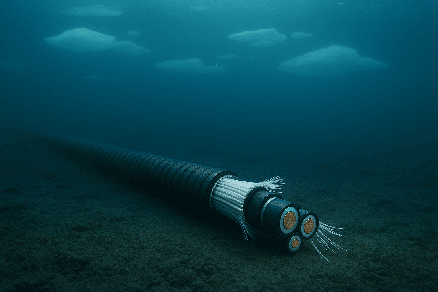 A severed undersea fiber-optic cable lies on the Arctic seabed, its copper and insulation layers exposed, with diffused sunlight filtering through icy water and floes visible above.