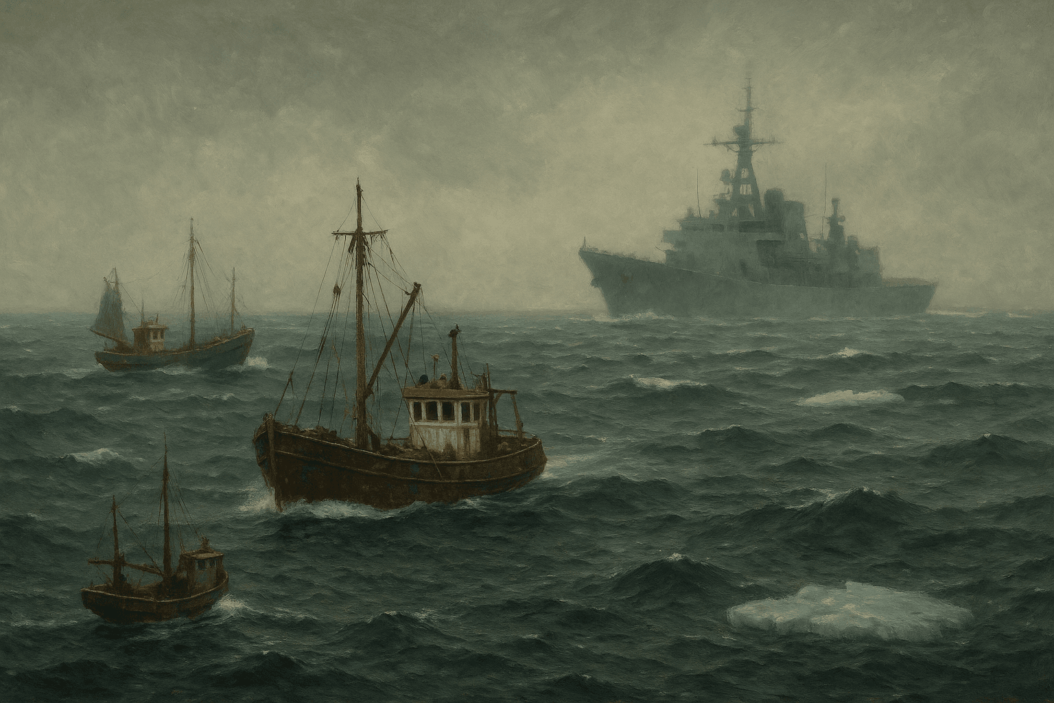 An oil painting shows small Irish fishing trawlers navigating rough gray seas while a large naval warship looms in the misty background, symbolizing defiance against great-power pressure.