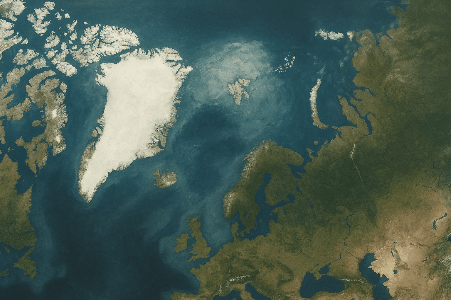 A high-resolution satellite-style map of the Arctic region shows Greenland, Svalbard, northern Europe, and Russia with realistic landforms, icy waters, and snow-covered terrain, highlighting key geographic areas without added labels or symbols.