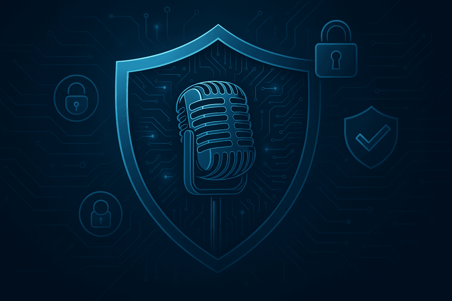 A sleek digital shield design in deep navy blue, featuring a central vintage-style microphone emblem. The shield incorporates subtle high-tech circuit patterns and lock icons to symbolize cybersecurity, privacy, and trust.