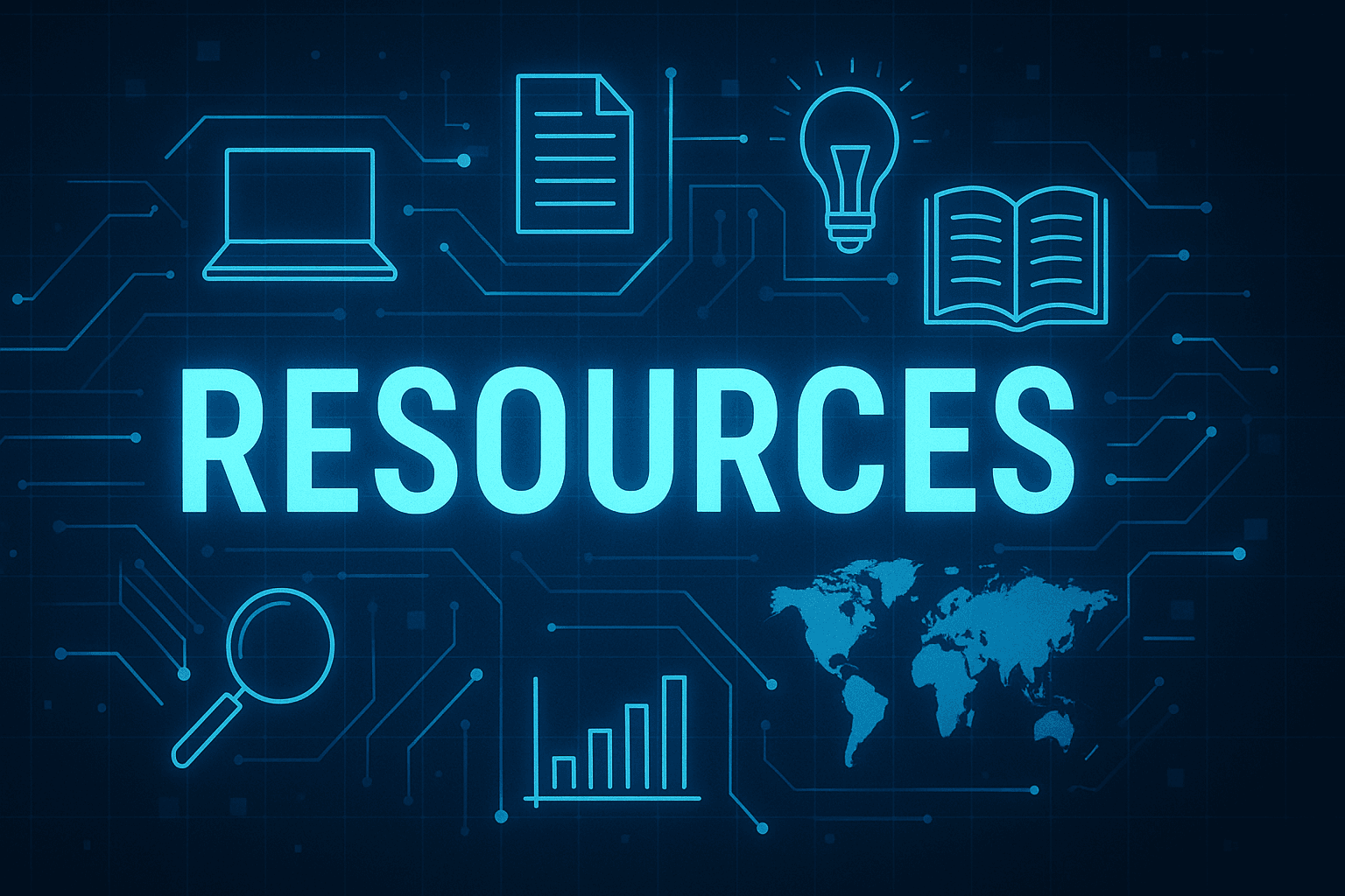 High-tech digital graphic with the word “RESOURCES” in bold glowing blue capital letters at the center, set against a dark blue circuit board background. Surrounding icons include a laptop, document, lightbulb, open book, magnifying glass, bar chart, and world map, all connected by glowing blue circuitry lines.