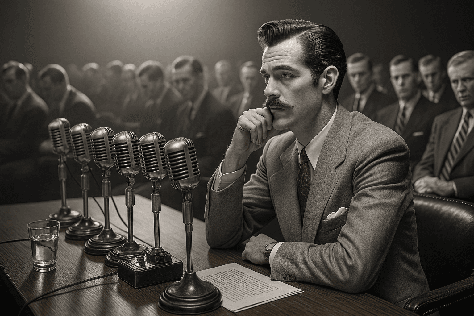 A black-and-white photograph captures a formal congressional hearing, featuring a sharply dressed man with a neatly groomed mustache and slicked-back hair, seated at a long wooden table with multiple vintage microphones and a glass of water. He rests his chin thoughtfully on his hand, while serious-faced men in suits sit in the blurred background under dramatic lighting.