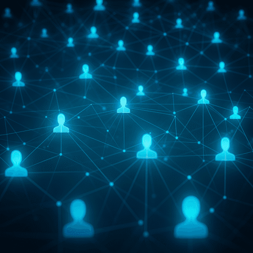 Digital illustration of a high-tech sociogram showing glowing blue human icons connected by thin luminous lines against a dark background, representing a complex human network.