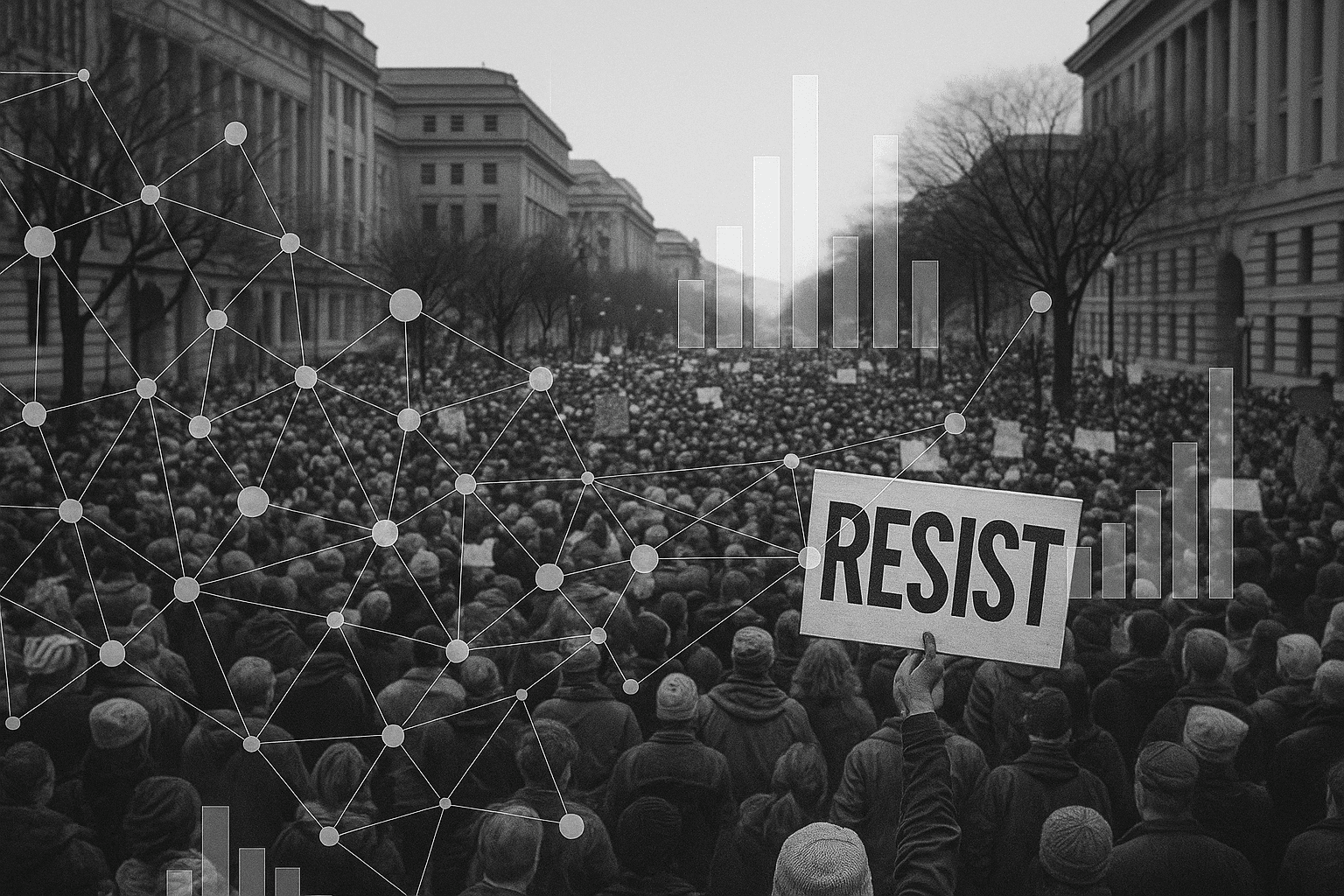 Black-and-white photograph of a large protest crowd in a city street, overlaid with abstract network lines and bar graphs, symbolizing the study of resistance movements as both social and analytical phenomena.