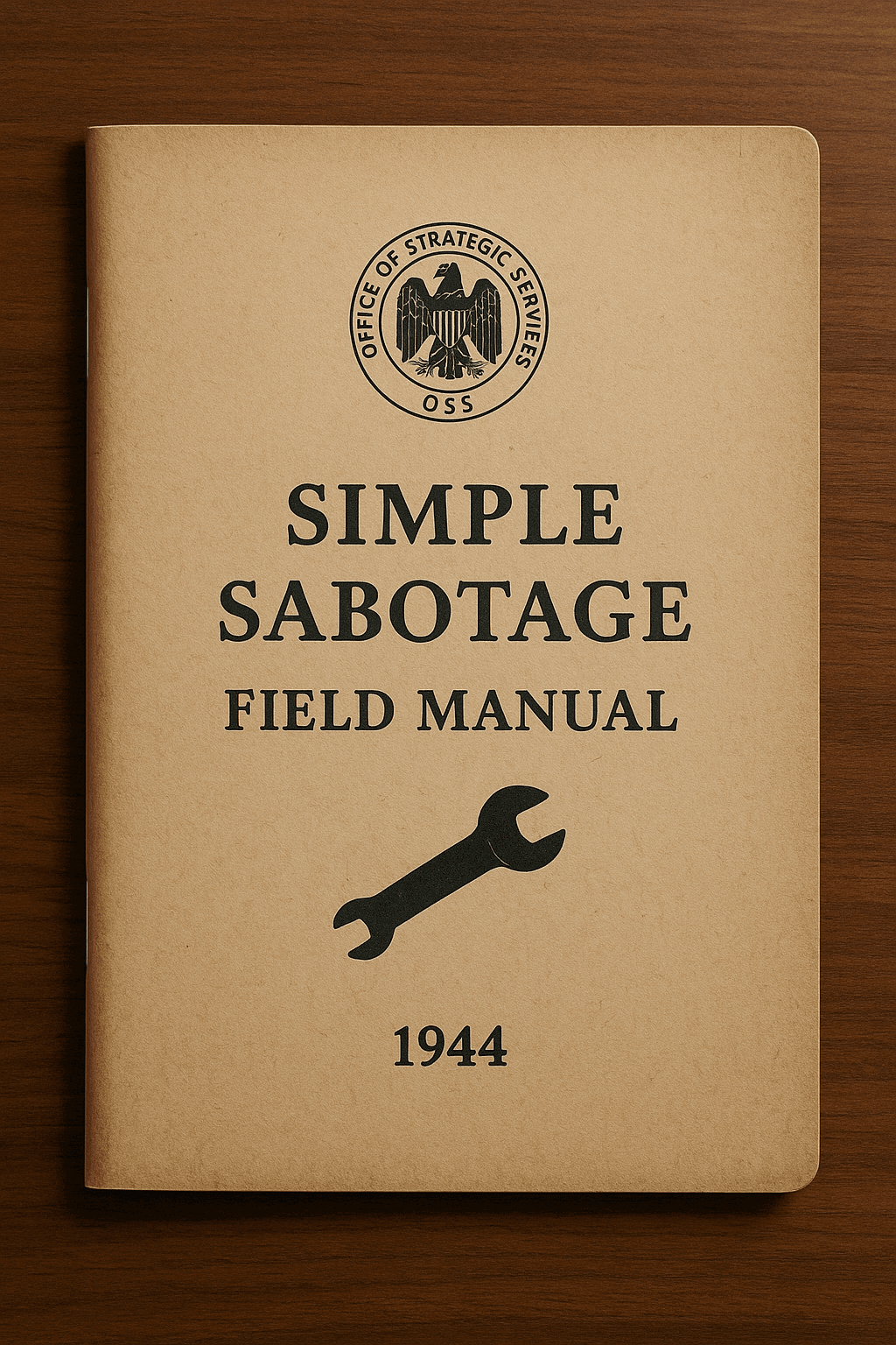 1944 OSS Simple Sabotage Field Manual with wrench icon on the cover, resting on a wooden desk.