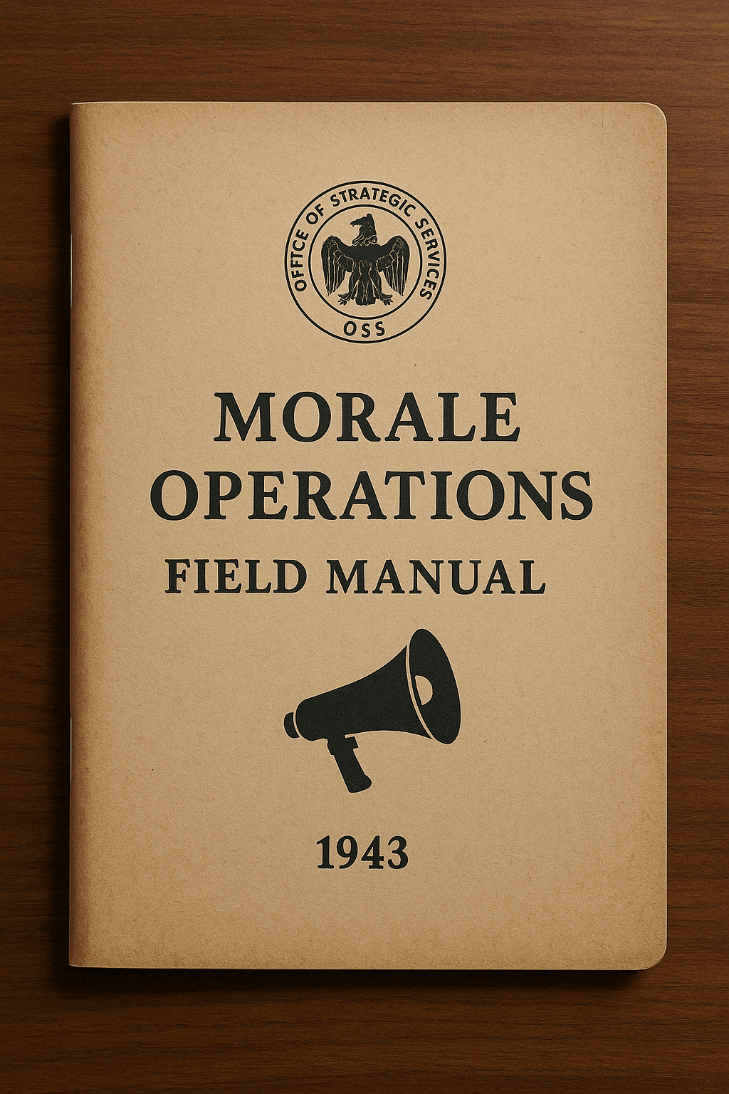 1943 OSS Morale Operations Field Manual with megaphone icon on the cover, placed on a wooden desk.