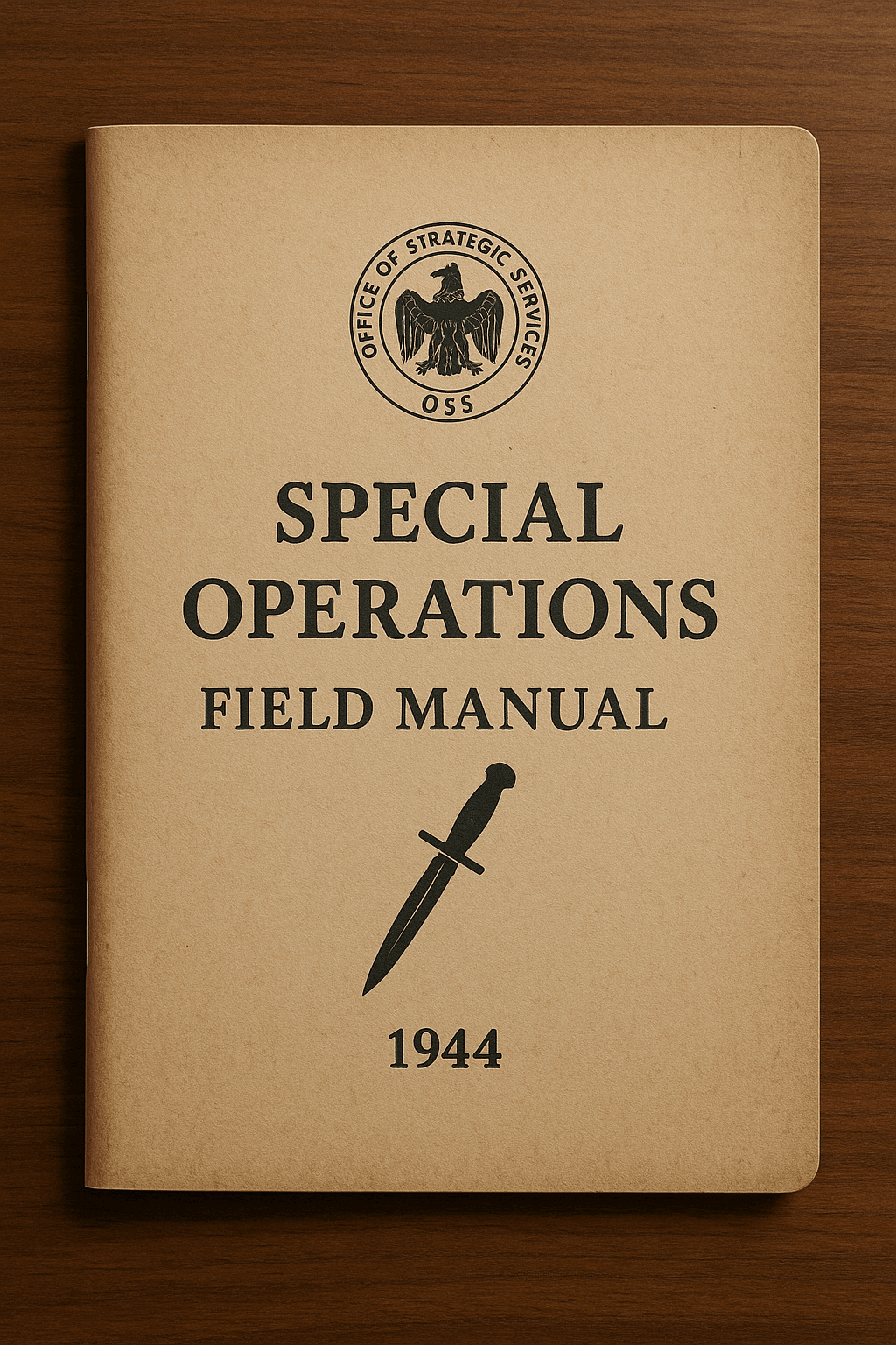 1944 OSS Special Operations Field Manual with dagger icon on the cover, lying on a wooden desk.