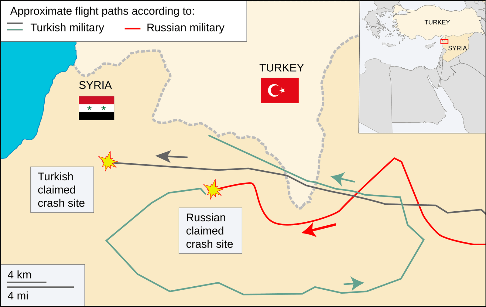 Map showing Turkish and Russian claimed flight paths of the Su-24 before its shootdown in November 2015 near the Turkey-Syria border.