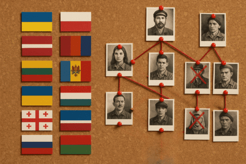Corkboard with two columns of ten national flag swatches on the left and a strict hierarchical push-pin yarn network on the right, using vintage black-and-white surveillance photos as nodes, two marked with red grease-pencil Xs.