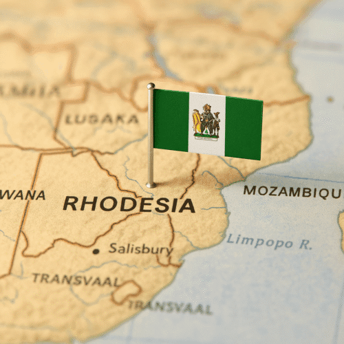 Map of Southern Africa focused on Rhodesia with the 1968–1979 Rhodesian flag pinned into the territory.