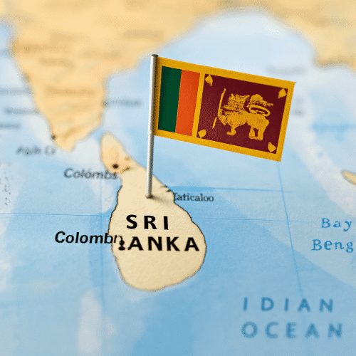 Map of the Indian Ocean focused on Sri Lanka with the Sri Lankan flag pinned into the territory.