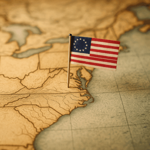 Antique map of the eastern American colonies with a Betsy Ross flag pinned, no text or state names visible.