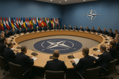 Leaders seated around a large circular table at NATO headquarters, with the NATO emblem in the center of the floor and national flags displayed in the background.