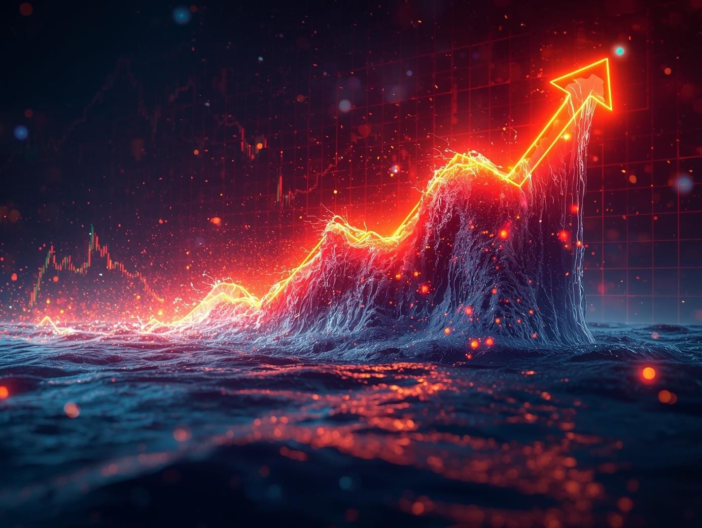 A glowing red arrow chart rises sharply from the surface of a stormy ocean, symbolizing economic escalation and the fusion of finance and maritime power dynamics.