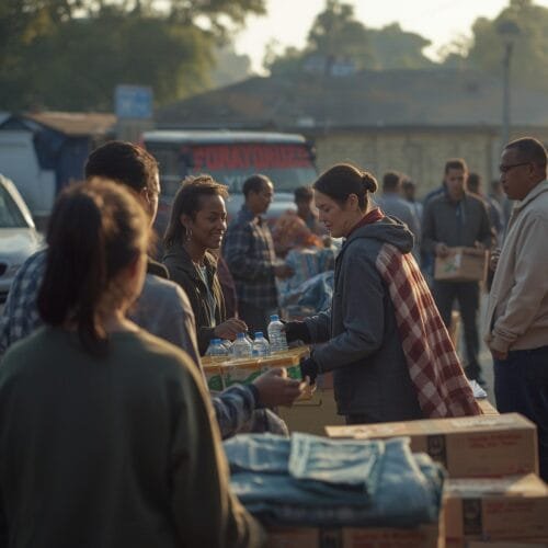 Local volunteers distribute food, water, and blankets at a neighborhood aid station, showing community members helping one another with calm cooperation and mutual support.