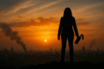 Silhouette of a woman standing on a ridge of rubble at sunrise, holding an unlit Molotov cocktail with a cloth wick in one hand, overlooking a faint Eastern European city skyline with thin smoke columns rising — symbolizing the tension between peace and defiance.