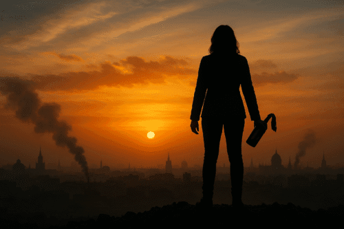 Silhouette of a woman standing on a ridge of rubble at sunrise, holding an unlit Molotov cocktail with a cloth wick in one hand, overlooking a faint Eastern European city skyline with thin smoke columns rising — symbolizing the tension between peace and defiance.