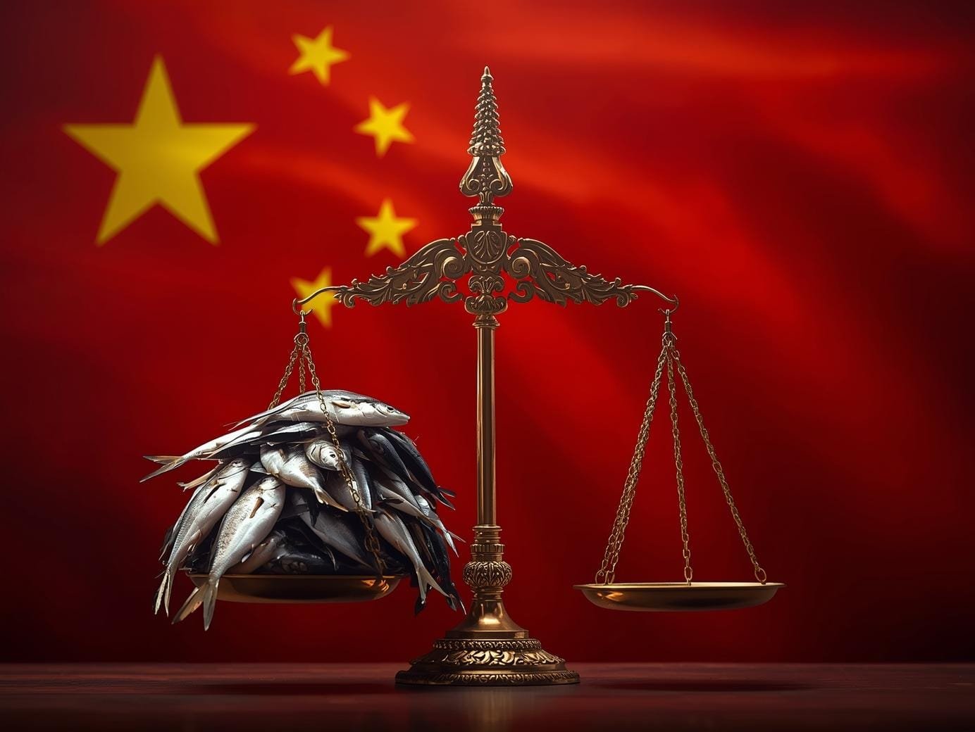 A brass scale of justice stands before the Chinese flag, its left side weighed down by a pile of fish while the right side hangs empty, symbolizing imbalance between exploitation and accountability in China’s maritime practices.