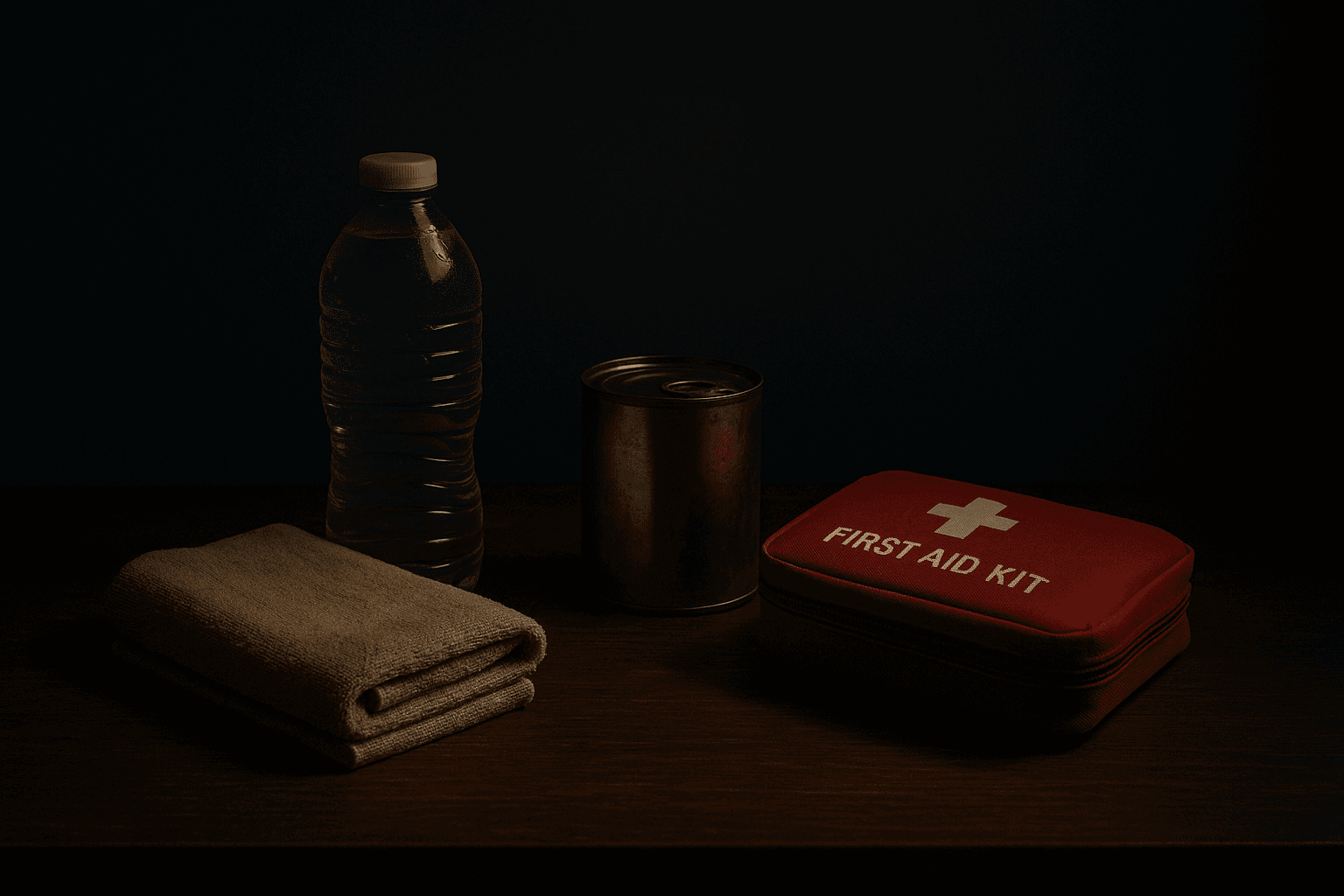 A dimly lit still-life scene shows a folded beige towel, a clear water bottle, a sealed metal can, and a compact red first aid kit arranged neatly on a wooden table against a dark navy background. The soft side lighting highlights each object’s texture and shape, conveying calm preparedness and physical resilience without excess or clutter.