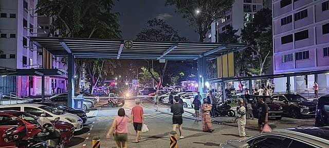 ChatGPT said:

Alt text:
Singapore Civil Defence Force personnel and vehicles at night in Lorong 8 Toa Payoh, with residents standing nearby under streetlights and emergency lights reflecting off parked cars.