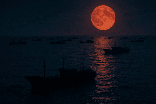 Wide aerial night view of a large Chinese fishing fleet off the coast of Argentina, illuminated by the reflection of a red moon subtly overlaid with the Chinese flag. The vessels are dark and unlit, spread across cool blue waters under faint red ambient light.