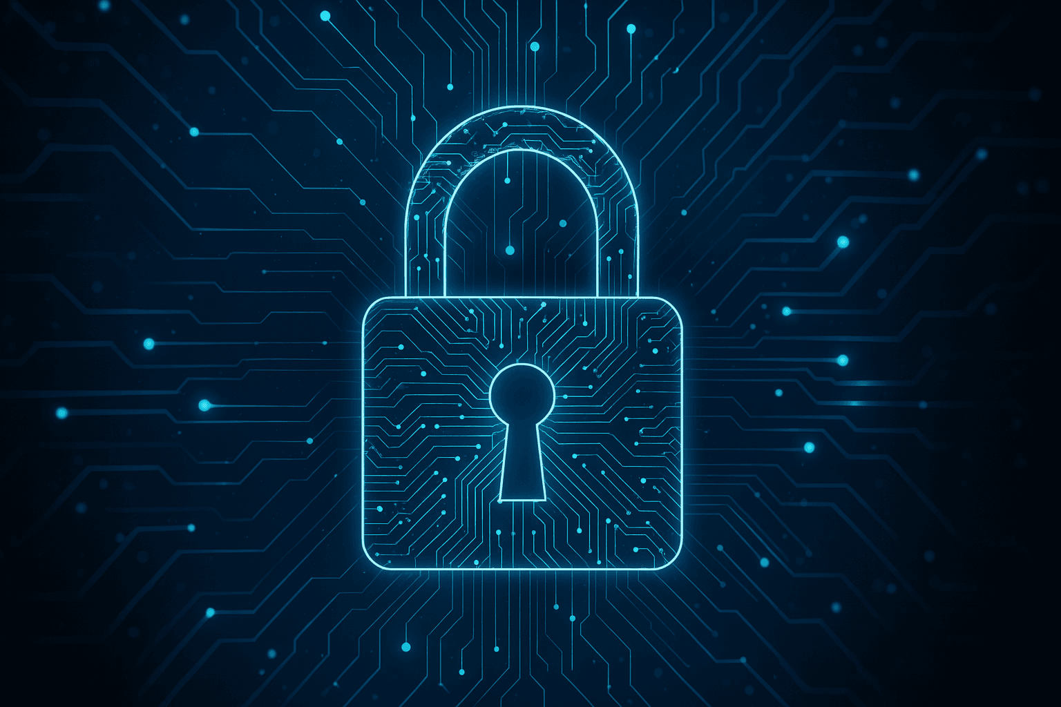 Glowing digital padlock made of blue circuit lines symbolizing cybersecurity, with data connections radiating outward against a dark high-tech background.