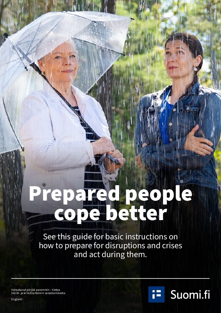 Cover of the Finnish Ministry of the Interior preparedness guide, showing two women sheltering under an umbrella in rain beneath the title Prepared people cope better
