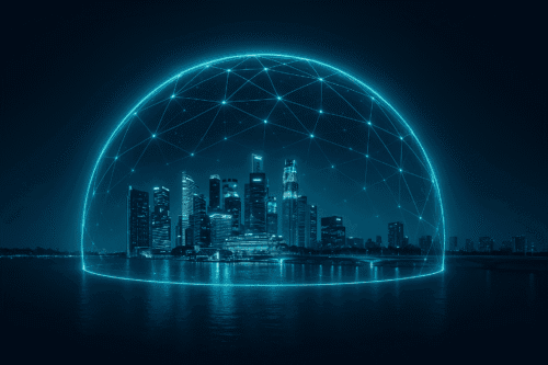 Futuristic digital illustration of a modern Asian city resembling Singapore, protected by a glowing dome of connected data lines symbolizing national resilience and total defense.