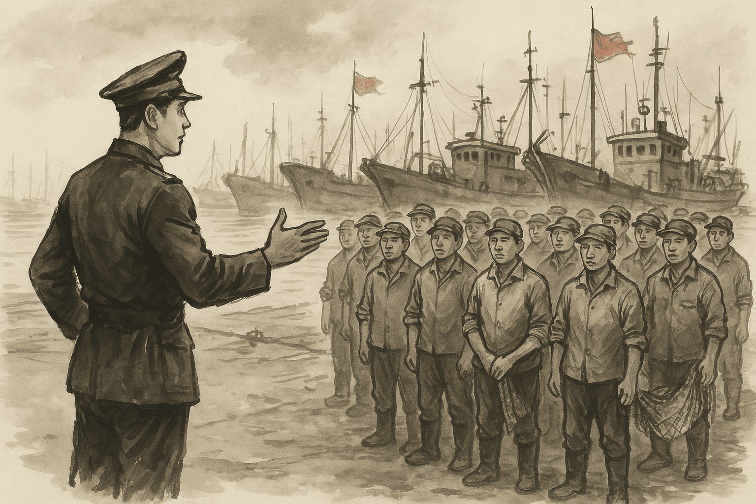 Ink-brush style illustration showing a naval officer briefing a formation of fishermen on a dock, with fishing boats moored behind them under daylight, symbolizing coordination between military and civilian maritime actors.