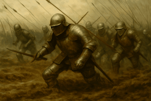 Armored medieval knights struggling forward through mud under a storm of arrows at the Battle of Agincourt, symbolizing the collapse of chivalric warfare in the face of massed longbow fire.
