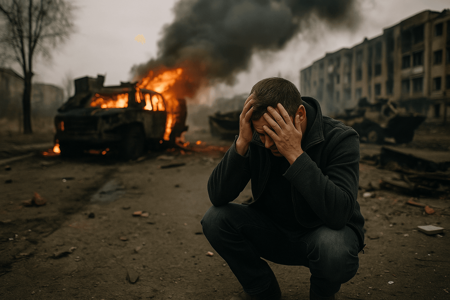 A man kneels in the middle of a war-damaged street, clutching his head in distress amid burned military vehicles and destroyed buildings, with smoke rising in the background.