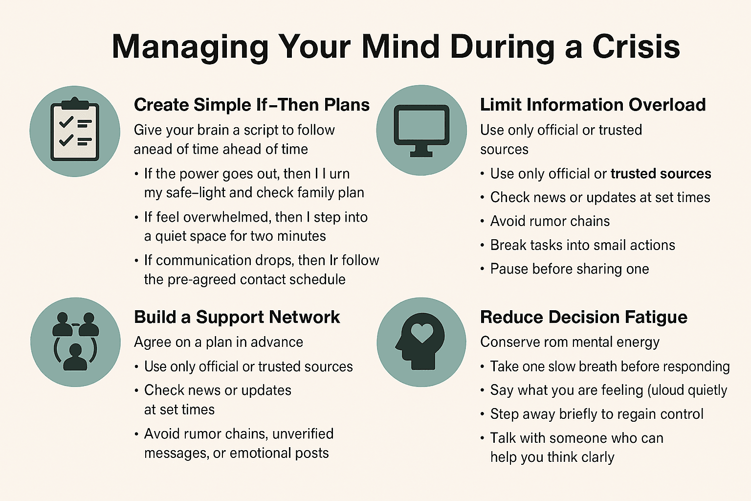 A wide landscape infographic with six sections arranged in two rows. Each section features a teal icon and short bullet points covering: creating simple if–then plans, strengthening daily routines, building a support network, limiting information overload, reducing decision fatigue, and stabilizing emotions. The design uses a beige background, wide margins, and a consistent flat-style layout.