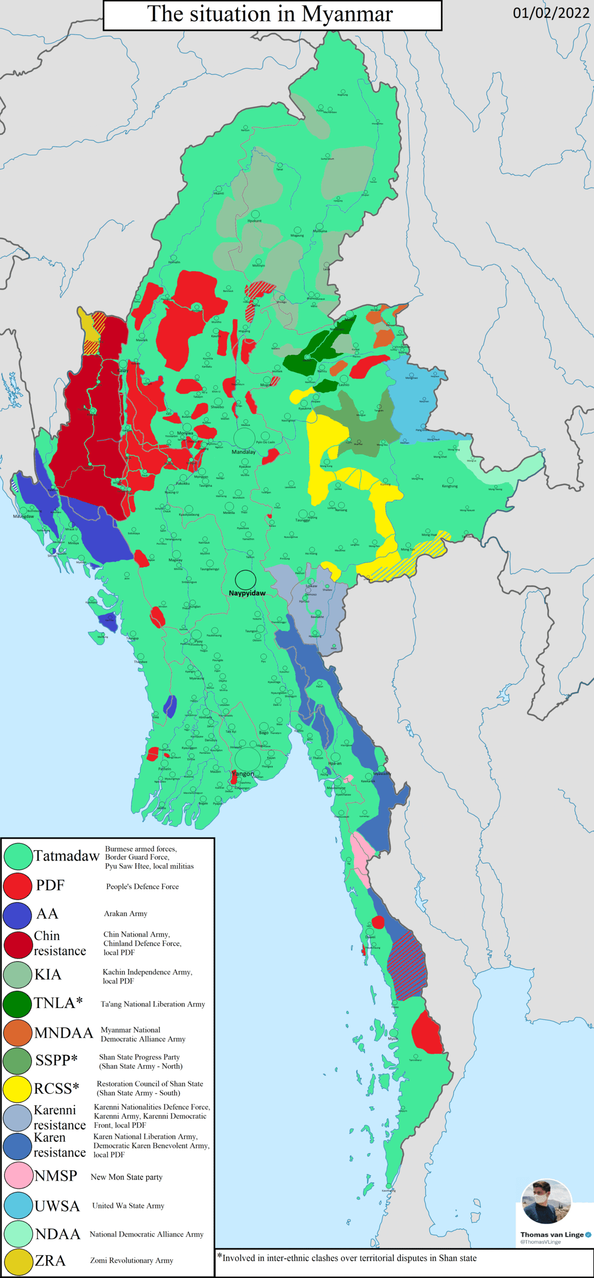 A detailed map of Myanmar showing territorial control and areas of armed activity as of February 2022, including regions held by state forces and various ethnic armed organizations across the country.