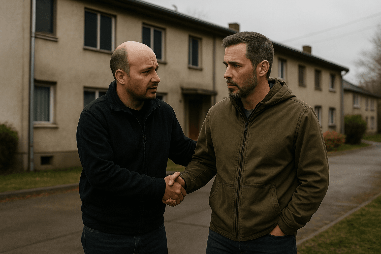 Two men stand on a residential street in front of an older apartment building. One man, in a black jacket, gently holds the hand and shoulder of the other man, who wears a green jacket. They appear to be having a serious, supportive conversation in an overcast, quiet neighborhood.