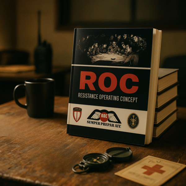 Hardback copy of the Resistance Operating Concept standing on a wooden desk, its dark cover showing the title ROC in red above an engraving of figures gathered around a table, with a compass, a handheld radio and a stack of books alongside it