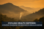 Sunrise over the forested mountains of the Myanmar–Thailand border with a thin column of smoke rising through the jungle, illustrating civilian health resilience and irregular warfare conditions in Myanmar.