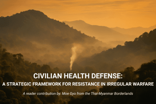 Sunrise over the forested mountains of the Myanmar–Thailand border with a thin column of smoke rising through the jungle, illustrating civilian health resilience and irregular warfare conditions in Myanmar.