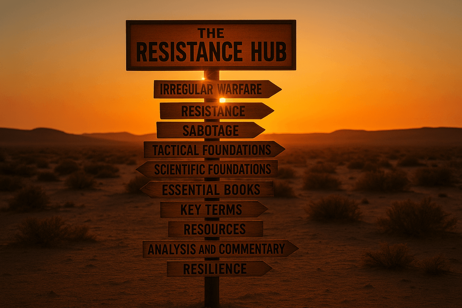 A wide-angle sunset photograph of a weathered wooden signpost standing in a desert with scattered low vegetation. A rectangular top sign reads “THE RESISTANCE HUB,” and multiple directional boards beneath it point outward with labels such as Irregular Warfare, Resistance, Sabotage, Tactical Foundations, Scientific Foundations, Essential Books, Key Terms, Resources, Analysis and Commentary, and Resilience. The setting sun sits directly behind the post, creating a warm backlit glow that highlights the sign without overpowering it.