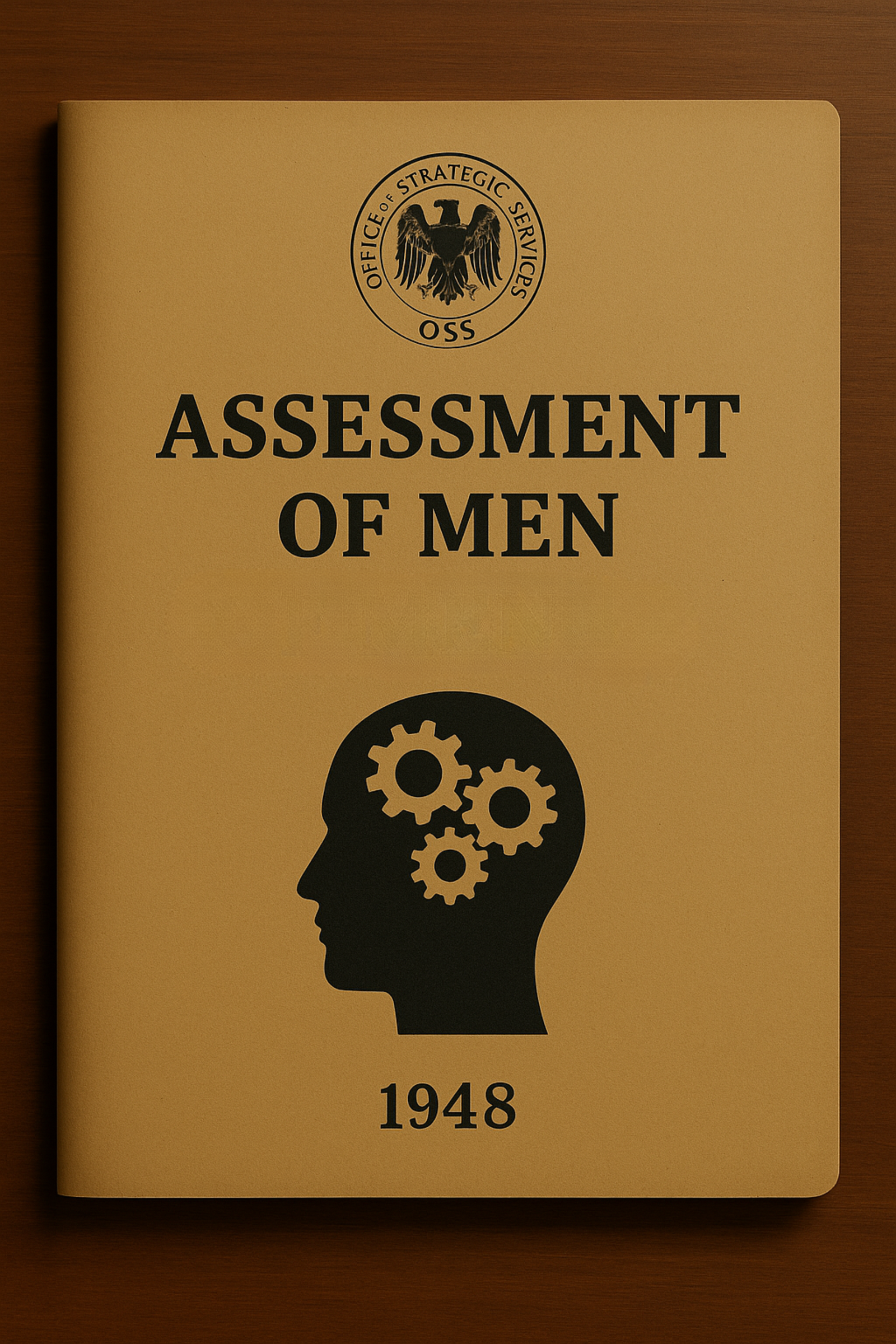 1948 OSS Assessment of Men Book with mind and gears icon on the cover, resting on a wooden desk.