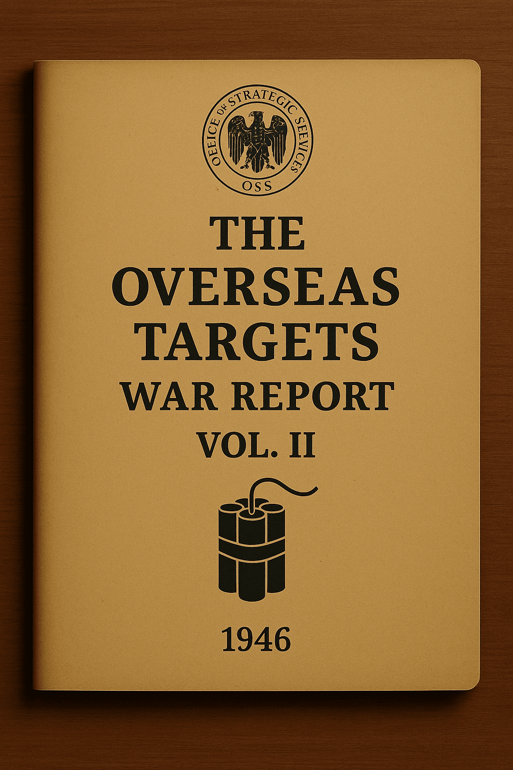 1944 OSS The overseas targets war report vol 2 with dynamite on the cover, resting on a wooden desk.